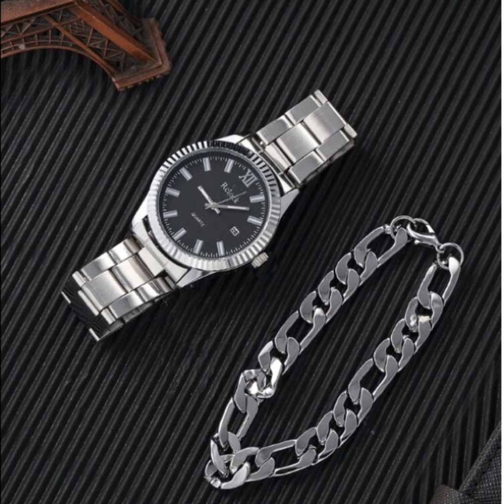 Mens round pointer date Quartz watch & 1pc braclet